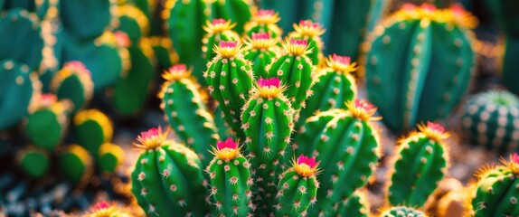 Poster - vibrant close up of green cactus with colorful blooms in a desert setting showcasing natural beauty and intricate plant details
