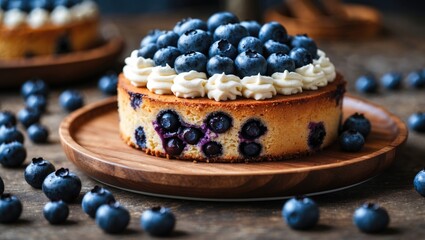 Poster - Delicious blueberry cake topped with fresh blueberries and cream on a rustic wooden plate with scattered berries in a warm setting.