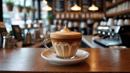 Poster - Coffee latte art beautifully crafted in a cozy coffee shop setting with wooden decor and an inviting atmosphere.