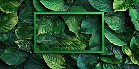 Leinwandbilder - Lush green leaves background with various shades of green, framed by a bold green rectangular border centered on the leafy texture.