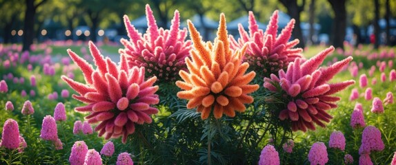 Poster - Vibrant cockscomb flowers in a colorful park setting showcasing their unique texture and striking colors in a serene garden landscape.