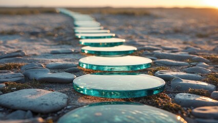 Poster - Glass stepping stones leading toward a serene horizon surrounded by pebbles and grass at sunset in a tranquil outdoor setting.