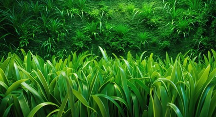 Poster - Lush green grass texture with vibrant foliage background ideal for nature-themed designs and landscaping projects.