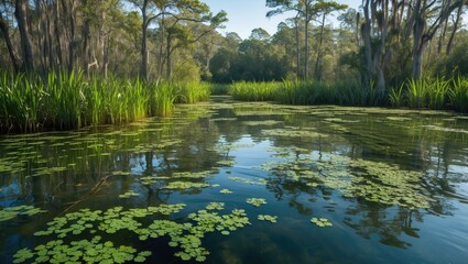 Aufkleber - Serene Natural Landscape of a Swamp with Clear Water and Abundant Greenery Under Bright Sunlight