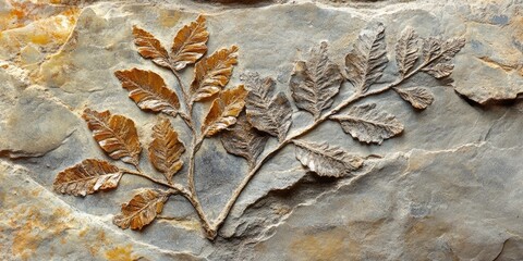 Poster - Fossilized fern leaves embedded in stone showcasing intricate details and earthy tones of brown and gray against a textured background.