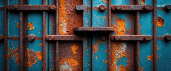 Poster - Rusty metal texture with blue paint peeling revealing orange rust and intricate patterns ideal for grunge and industrial design backgrounds