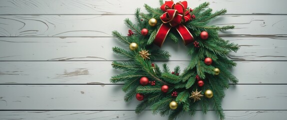 Aufkleber - Festive Christmas wreath adorned with red and gold decorations on a rustic white wooden background