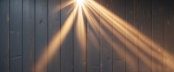 Poster - Gray wooden background with vertical lines illuminated by sun rays creating a warm ambiance perfect for copy space and texture display.
