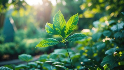 Poster - vibrant green leaves illuminated by sunlight in a serene garden setting showcasing nature's beauty d