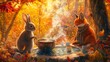© Akhmad - A rabbit and a fox sharing a quiet moment by a steaming cauldron of herbal tea in the middle of the forest, surrounded by vibrant fall foliage and a