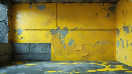 Poster - grunge yellow wall with peeling paint and cement area ideal for creative backgrounds or design proje