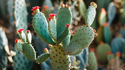 Poster - Vibrant Close-Up of Prickly Pear Cactus with Colorful Blooms Against a Natural Background