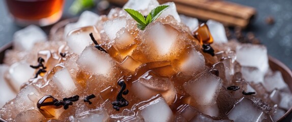 Poster - Close Up View of Refreshing Tea Shaved Ice Garnished with Mint Leaves and Spices on a Dark Background with Space for Text