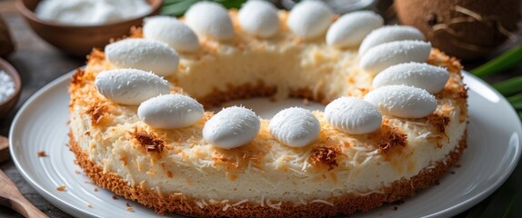 Poster - Coconut cake adorned with whipped cream and toasted coconut on a white plate surrounded by rustic elements and fresh ingredients.