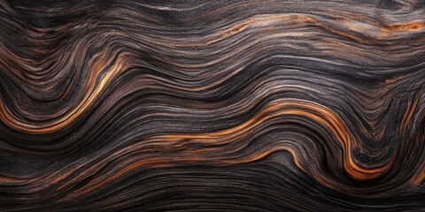 Poster - Elegant dark wooden texture showcasing rich brown and orange wavy patterns, with a smooth surface flowing against a deep black backdrop.