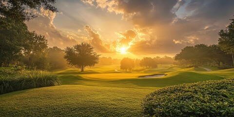 Poster - Golden sunrise casting warm light over lush green golf course, with fairways and tranquil trees creating a peaceful early morning landscape.