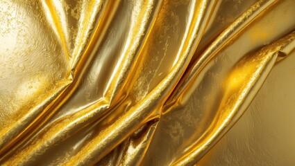 Poster - Shiny gold foil texture fabric draped in elegant folds reflecting light creating a luxurious and sophisticated background design