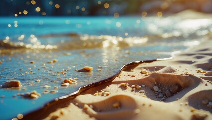 Aufkleber - Serene beachscape with detailed close-up of water gently lapping at sandy shore, showcasing natural textures and soft bokeh background.