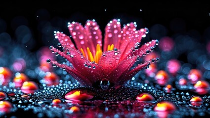 Aufkleber - Closeup of vibrant pink flower with water droplets on black background showcasing delicate textures and rich colors.