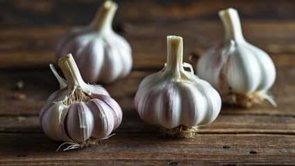 Aufkleber - Close up of fresh garlic bulbs arranged on a rustic wooden surface showcasing texture and details of the garlic cloves.