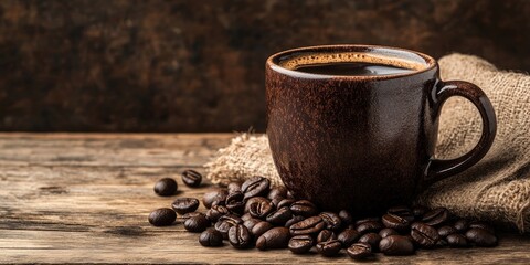 Poster - Coffee cup filled with dark coffee on rustic wooden table surrounded by scattered coffee beans and a natural burlap cloth for a warm ambiance