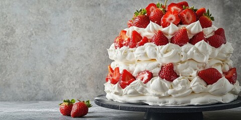 Poster - Multilayered Pavlova cake topped with strawberries and whipped cream on a round black stand against a textured gray backdrop showcasing elegant dessert presentation.