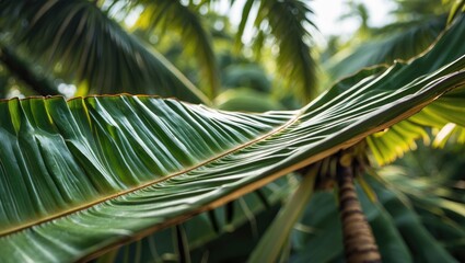 Poster - Lush close-up view of a vibrant coconut leaf showcasing intricate textures and natural greenery in a tropical setting.