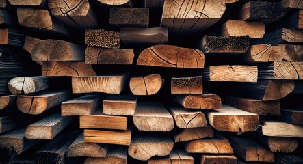 Aufkleber - Textured closeup of stacked wooden planks showcasing natural patterns and colors for use in design, construction and home improvement projects.