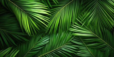 Poster - Lush green palm leaf background with intricate details showcasing varied shades of green arranged in overlapping patterns creating a vibrant tropical feel