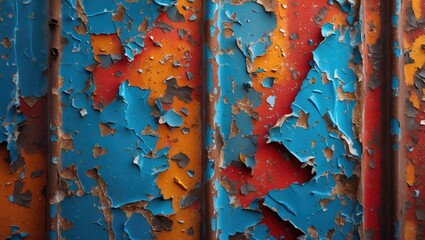 Aufkleber - vibrant chipped paint on rusty textured metal surface with blue and orange layers revealing a distressed and artistic background