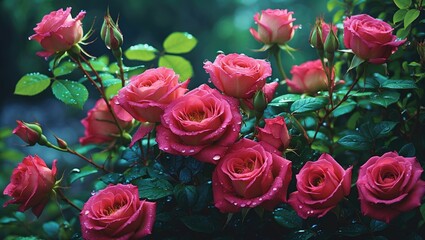Aufkleber - Vibrant Close-Up of Dew-Kissed Pink Roses Surrounded by Lush Green Leaves in a Serene Nature Setting