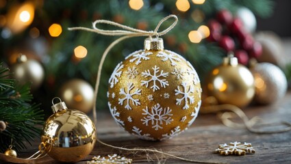 Poster - Elegant golden Christmas bauble adorned with snowflake patterns, surrounded by festive decor and warm holiday ambiance. Perfect for seasonal themes.