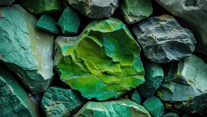 Poster - Vibrant green rock textures in a macro shot showcasing natural variations and intricate details of stone formations in a captivating arrangement