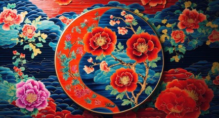 Aufkleber - Vibrant Chinese ceramic painting featuring bold floral patterns and rich colors creating a striking decorative background element.