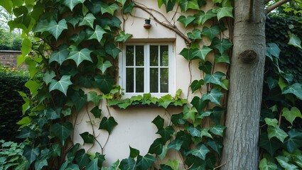 Poster - Ivy-covered wall and tree featuring a quaint window in a lush garden setting, showcasing nature's embrace of architecture.