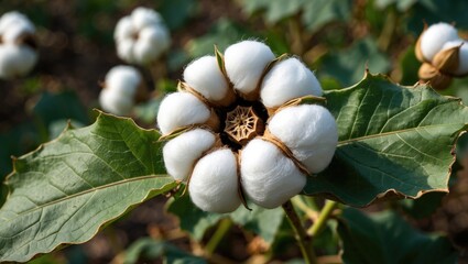 Aufkleber - Cotton boll close-up showcasing detailed textures of cotton fibers and green leaves illuminated by natural sunlight in a lush environment.