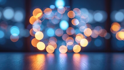 Aufkleber - Colorful bokeh lights creating a soft blurred background on a wooden surface ideal for computer screen images and artistic designs.