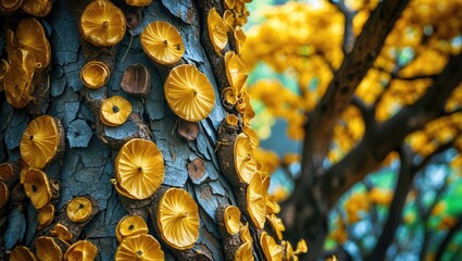Poster - Golden rain tree bark with vibrant yellow flowers showcasing unique texture and color in a natural setting.