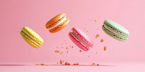 Poster - Vibrant macarons in yellow, orange, pink, and green floating above a pink backdrop with scattered crumbs below, creating a whimsical dessert scene