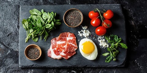 Poster - Fresh keto diet ingredients arranged artistically on a dark stone surface showcasing spinach, meats, egg, tomatoes, and spices in earthy colors.
