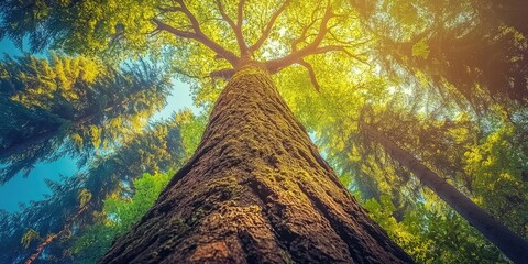 Fototapete - Tall ancient tree rising towards a bright sky with sunlight filtering through lush green foliage in a tranquil forest setting capturing nature's beauty