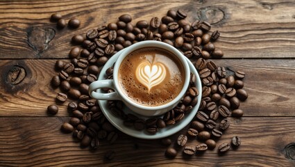 Aufkleber - Coffee cup with latte art surrounded by roasted coffee beans on a rustic wooden surface with space for text or branding.