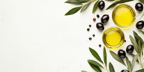 Aufkleber - Olive branch with dark green olives and bowls of golden olive oil on a light backdrop ample space for text on the left side of the image