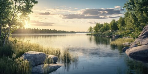 Fototapete - Serene lake view at sunrise surrounded by lush green trees and rocky shores reflecting soft sunlight in calm water with gentle waves.