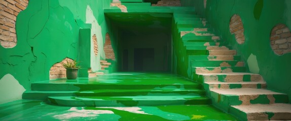 Fototapete - Vibrant green abstract interior with painted stairs and walls creating a surreal artistic space for creative backgrounds and designs.