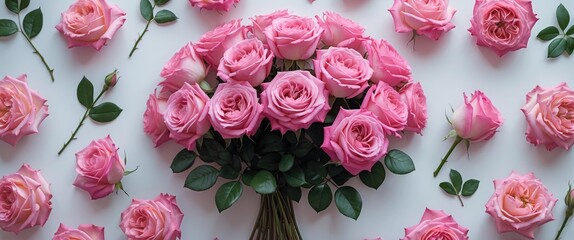Aufkleber - Fresh pink roses arranged artistically on a white background, perfect for Mother's Day, Valentine's Day, or elegant floral-themed mockups.