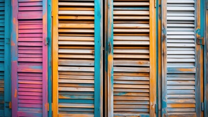 Aufkleber - Colorful closed wooden shutters arranged in a row showcasing a variety of weathered textures and vibrant hues against a neutral background.