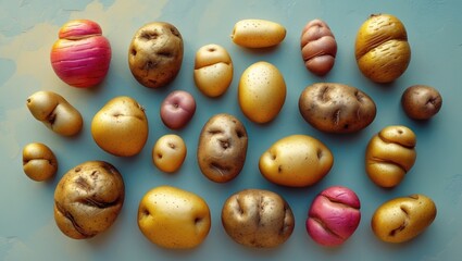 Aufkleber - Colorful assortment of Bolivian and Peruvian baby potatoes arranged in flat lay style showcasing unique shapes and textures against a blue background.