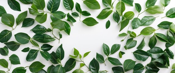 Poster - Lush green leaves arranged artistically on a clean white background for a fresh and vibrant nature-themed design.