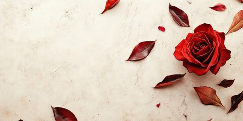 Aufkleber - Elegant red rose with dark maroon leaves on a light textured background, ample copy space on the left for text placement.